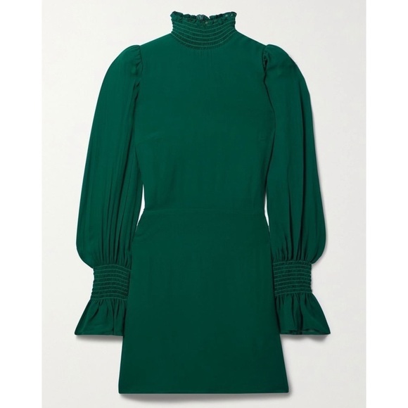 REFORMATION Emerald Crepe Long Puffed Bell Sleeve Ruffled High Neck Mini Dress 2 - Picture 7 of 8